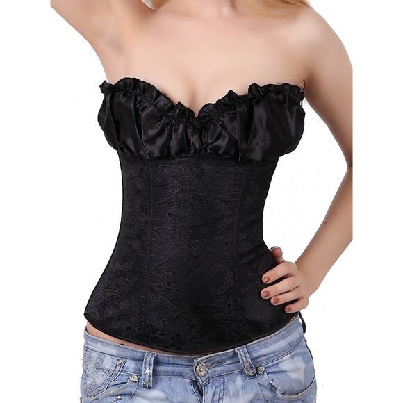 [Black] Paisley Ruffle Bustier Strapless Corset Steampunk Cosplay Top Sz Large L - Picture 1 of 11